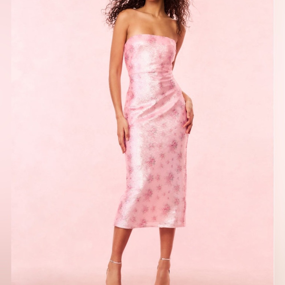 Pink Floral Strapless Formal LoveShackFancy Stasia Sequin Midi Dress